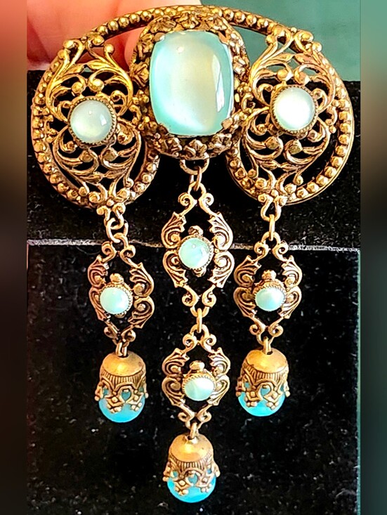 Czechoslovakian Jewelry - Vintage Czecho Brass Filigree & Glass Moonglow Brooch